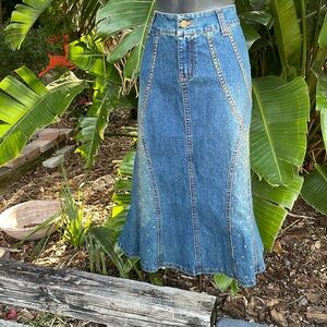 denim trumpet skirt with beading